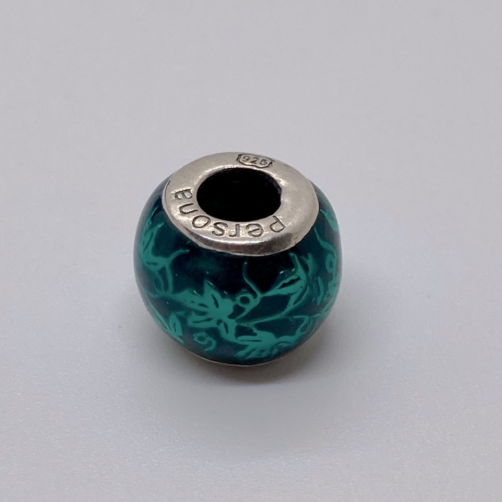 Persona 925 Sterling Silver Floral Design Green Murano Glass Charm Bead